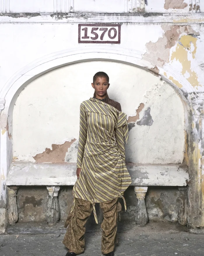 ASYMMETRIC STRIPE SELF-TIE SLOPE DRESS