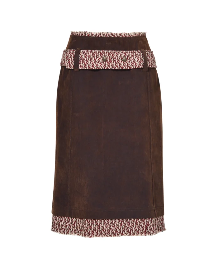 FLOCKED LAYERED BELTED DENIM SKIRT