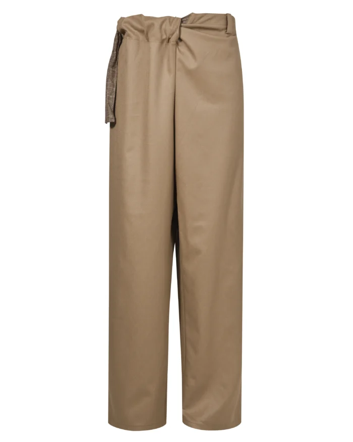BEIGE ASYMMETRIC RIBBON SUIT PANTS
