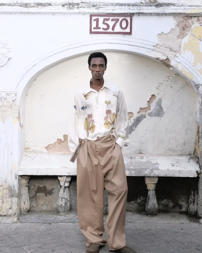 BEIGE ASYMMETRIC RIBBON SUIT PANTS