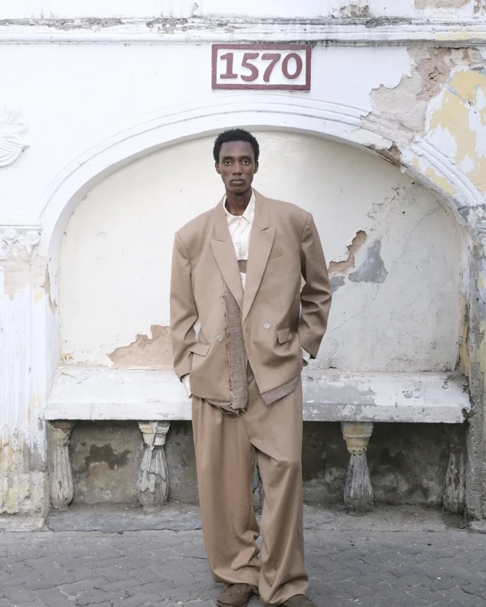 BEIGE LAYERED RIBBON WOOL SUIT