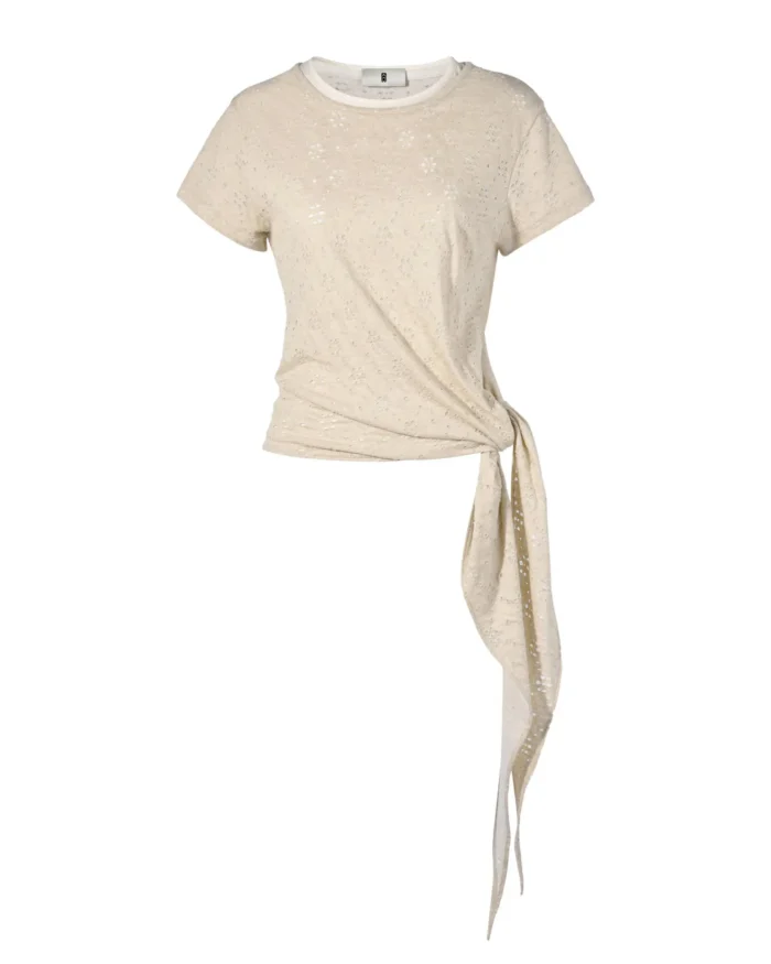 SELF-TIE LAYERED NET LINEN T-SHIRT
