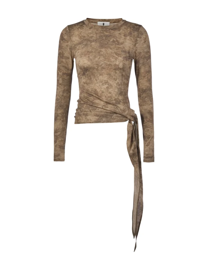 “FORT”PRINT SELF-TIE LONG SLEEVE TOP