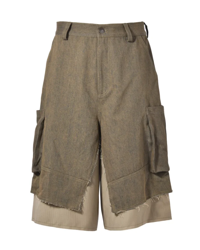 LAYERED POCKET WASHED DENIM SHORTS