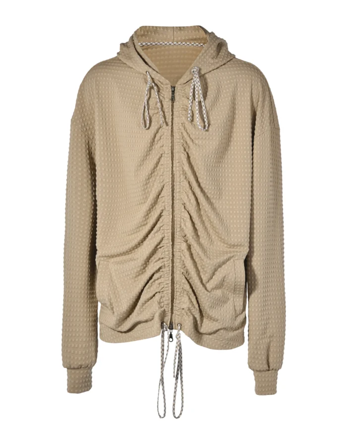 BEIGE DRAWSTRING ZIPUP HOODIE