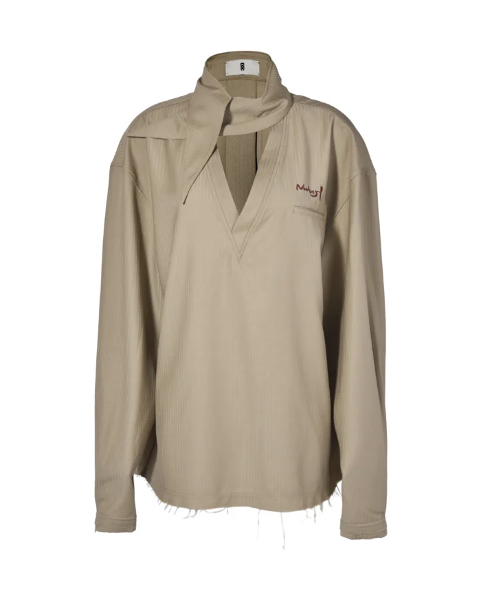 SELF-TIE COLLAR V NECK SHIRT