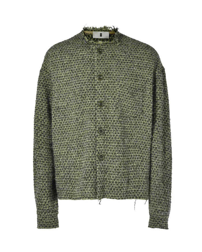GREEN RAW EDGE BUTTONED CARDIGAN